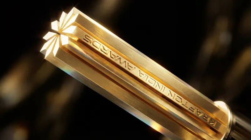 The KIA 2026 trophy: a column of brushed gold bars crowned by the starburst